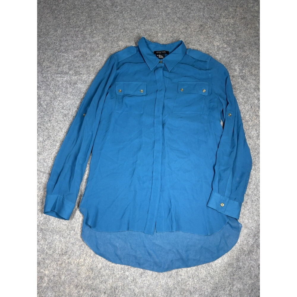 Etcetera Women's 12 Sheer Button Up‎ Collared Teal Blouse 100% Silk Career Artsy